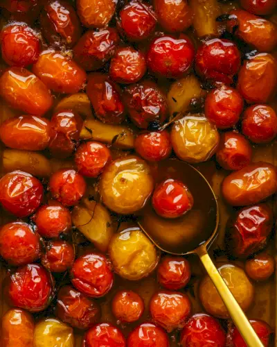 Confit de tomate passo 1: Misture os tomates e o alho com o azeite.