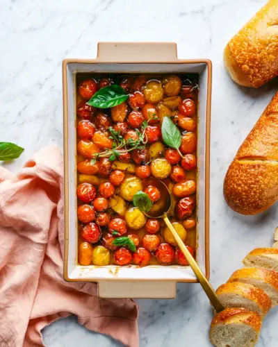 Tomate confitado na frigideira com ervas frescas e pão.