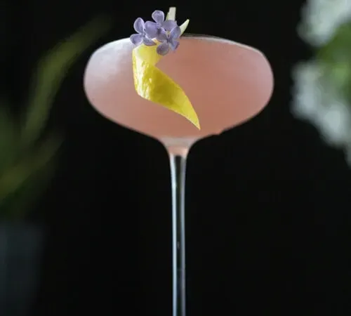 Rosafarbener Cocktail auf schwarzem Hintergrund mit einer Zitronennote und einer Blume' title=