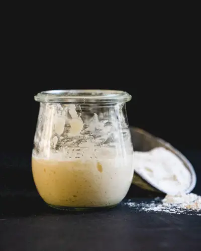 starter de massa fermentada em uma jarra com farinha
