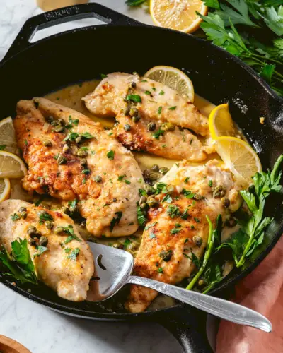 Recette de poulet Piccata à la poêle avec câpres et sauce au beurre citronné