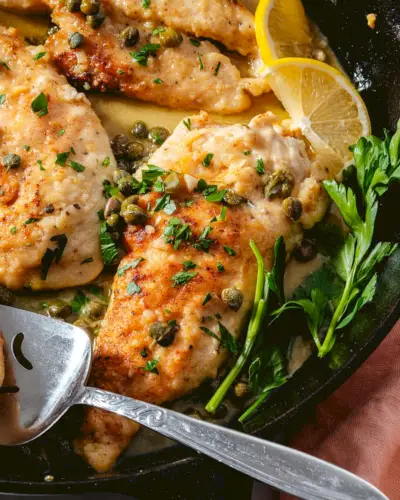 Recette de poulet Piccata à la poêle avec câpres et sauce au beurre citronné