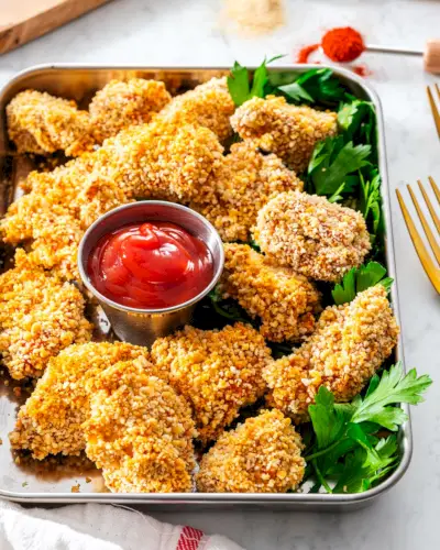 Chicken Nuggets auf einem Tablett mit Ketchup.