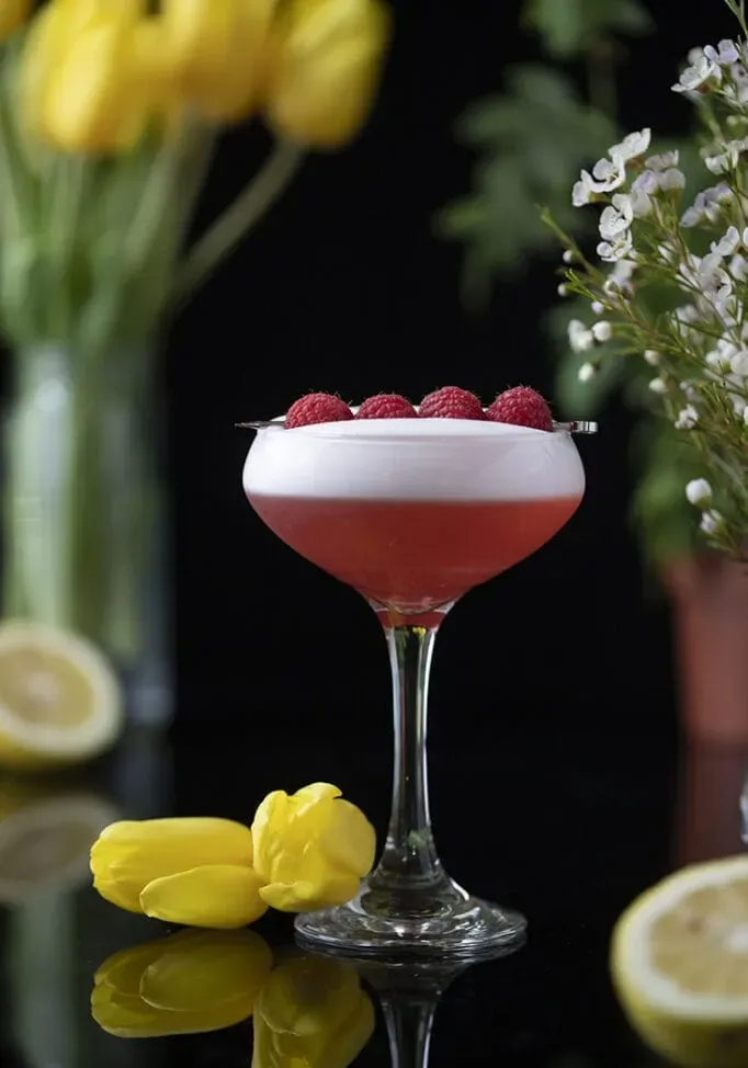 Roter Cocktail in einem Coupé-Glas mit gelben Tulpen' loading='lazy' title=