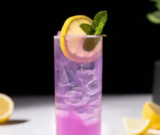 una bebida morada en un vaso Collins con una rodaja de limón y menta.' title=