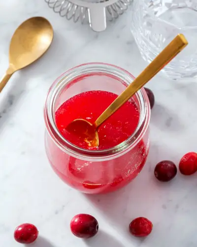 Cranberry-Sirup im Glas mit Löffel und Cocktailsieb im Hintergrund
