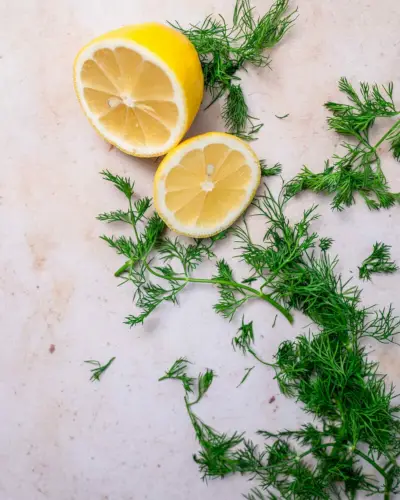 Ingredientes principais do molho de endro com limão: limão e endro fresco