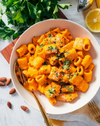 Geröstete Nudeln mit roter Paprika