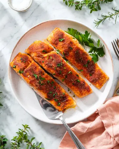 Im Ofen gebackener Lachs auf Teller mit Petersilie garniert.