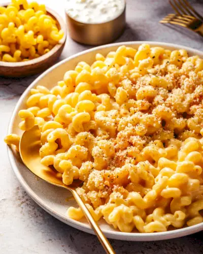 Macaroni au fromage cottage et fromage dans un bol avec cuillère de service.