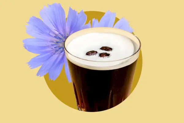 Kompozyt fotograficzny kwiatów cykorii i martini espresso.