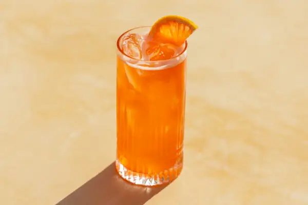 Der Bicycle Thief-Cocktail in einem Longdrinkglas mit Grapefruitscheibe vor cremefarbenem Hintergrund.