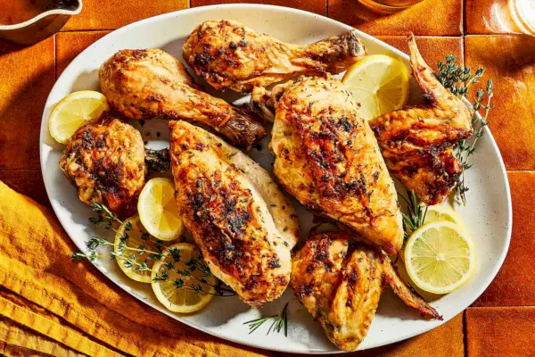 Un plato de pollo asado con hierbas y limón, adornado con ramitas de tomillo fresco y rodajas de limón.