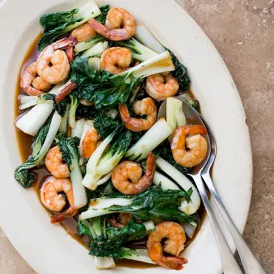 Gamberetti Teriyaki e Bok Choy saltati in padella