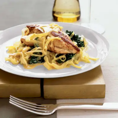 Hähnchenbrust mit Spinat-, Lauch- und Safransauce
