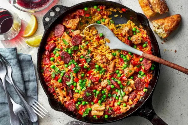 Paella mit Hühnchen und Chorizo-Pfanne