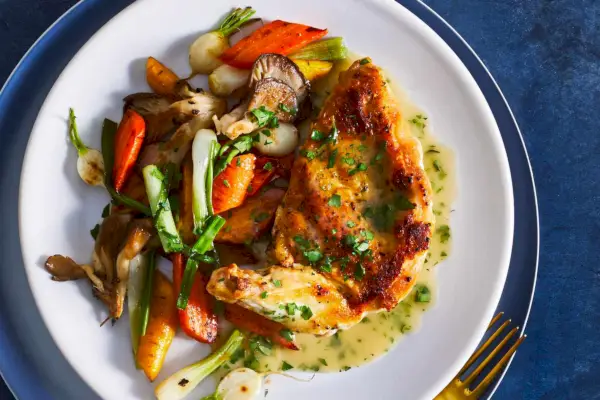 Frango Assado na Frigideira Rápida com Legumes da Primavera