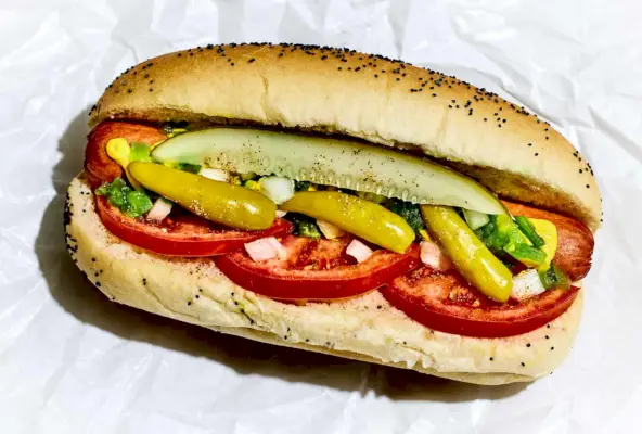 Ein Hot Dog im Chicagoer Stil auf zerbröckeltem weißem Papier