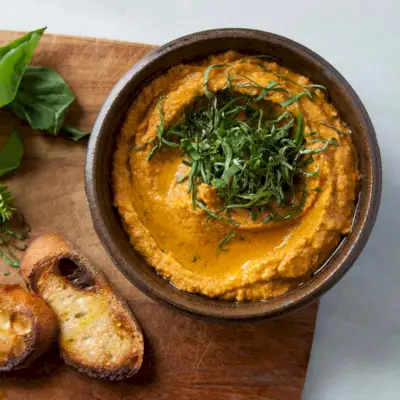 Hummus z pieczonymi pomidorami i bazylią