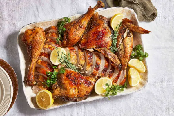 Spatchcocked listová morka s hnedým cukrom a koriandrom
