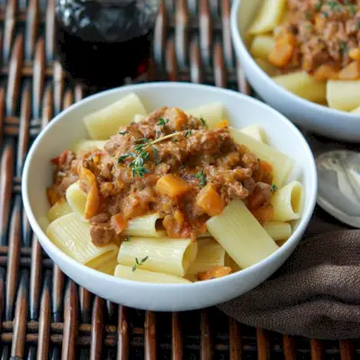 Rigatoni mit Kalbsbolognese und Butternusskürbis