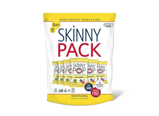 bag of Skinny Pop popcorn on a white background