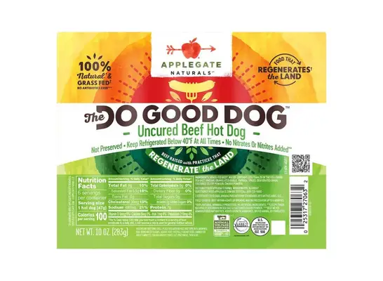 package of Applegate hot dogs on a white background