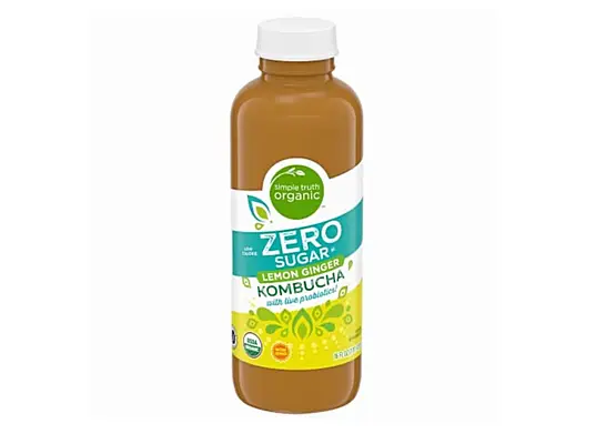 a bottle of kombucha on a white background