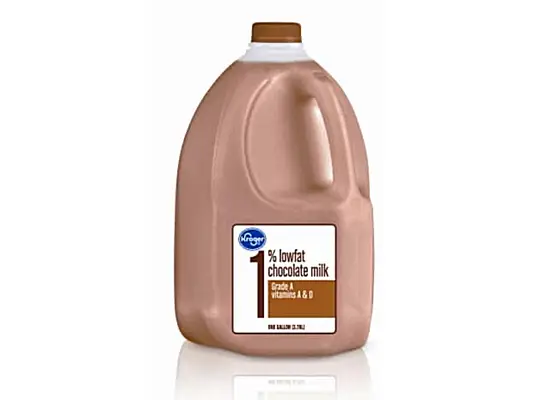 a gallon jug of chocolate milk on a white background