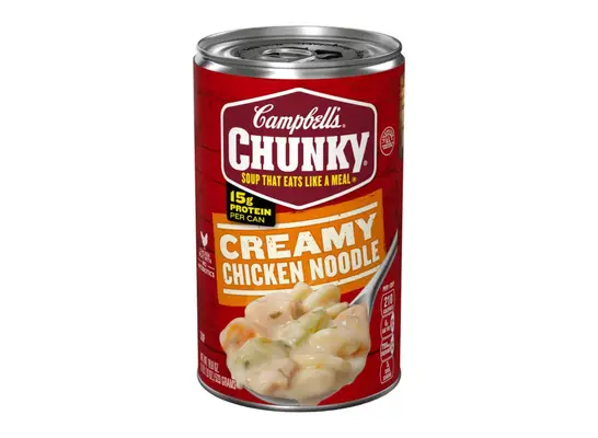 can of chicken noodle soup on a white background