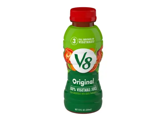 bottle of V8 Vegetable Juice on a white background