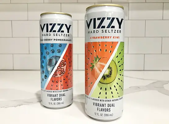 vizzy seltzer cans on a counter.