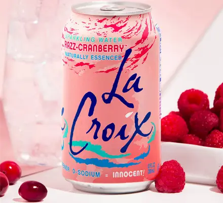 A can of cran-raspberry-flavored LaCroix sparkling water