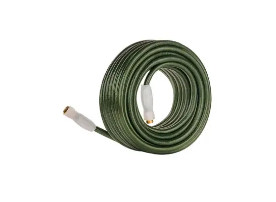 a green garden hose on a white background.