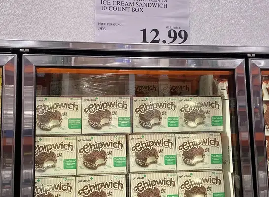 a freezer in costco filled with chipwich thin mints.