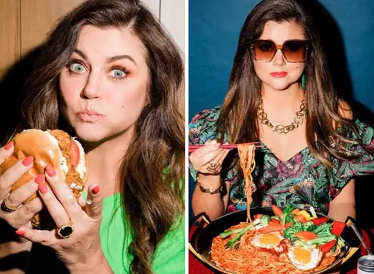 tiffani thiessen eating chicken sandwich and noodles