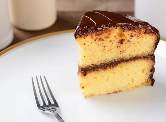 chocolate yellow cake slice with fork on plate