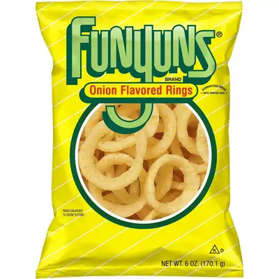 yellow bag of funyuns onion flavored rings on white background
