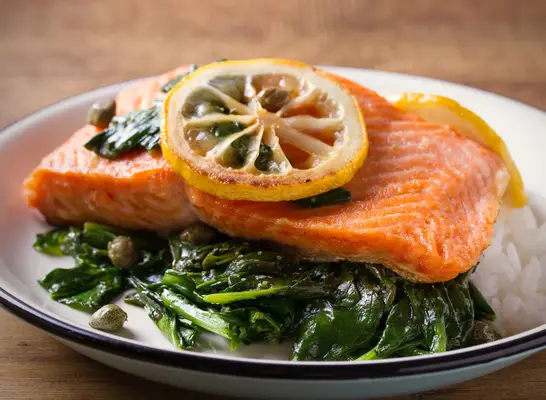 seared salmon capers lemon spinach rice
