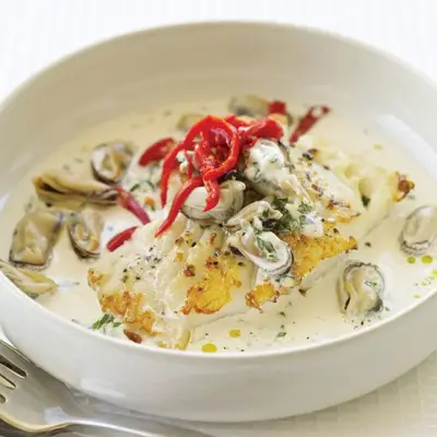 Pečená treska s pikantní mušlí aioli.