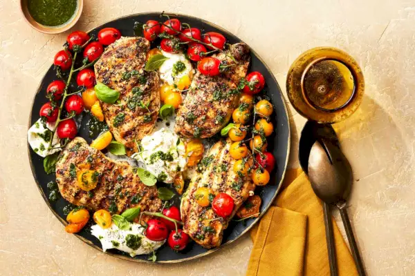 Gegrillter Hähnchen-Caprese-Salat mit Basilikumöl