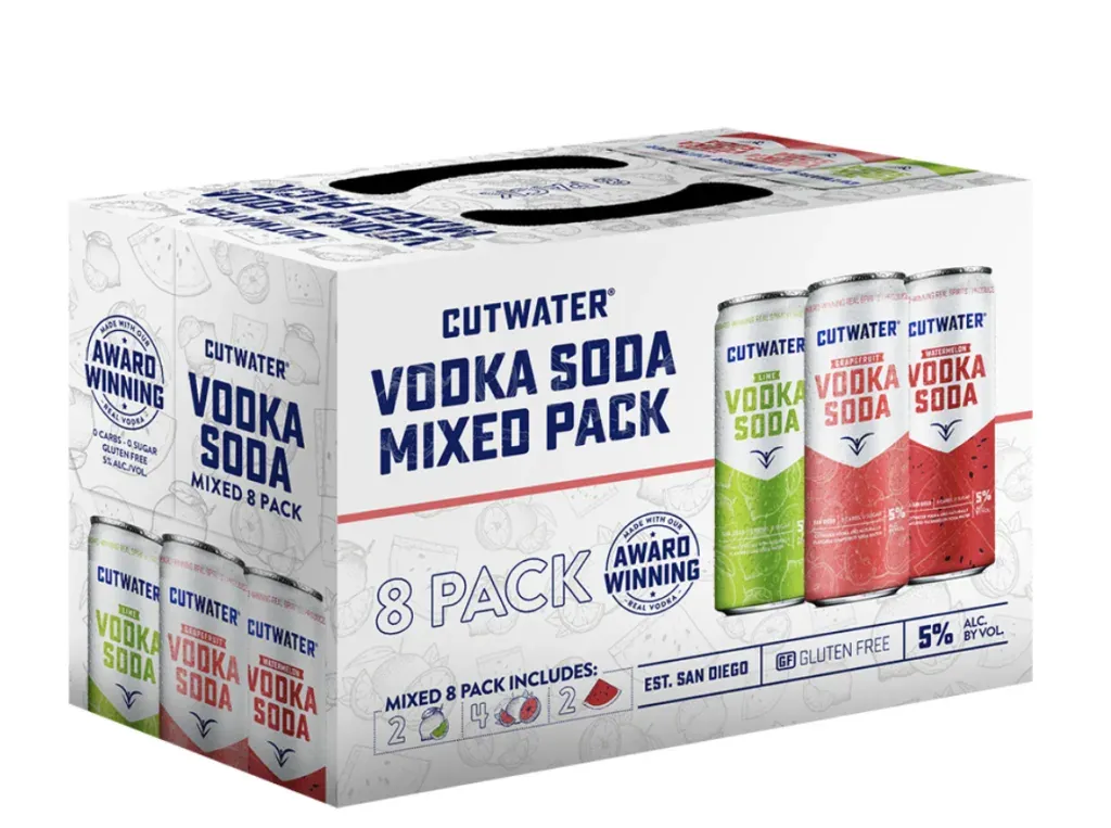 Caja Cutwater Vodka Soda Mixed Pack que muestra sabores.' title=