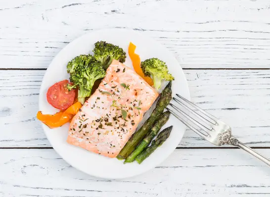 plate of fish and veggies