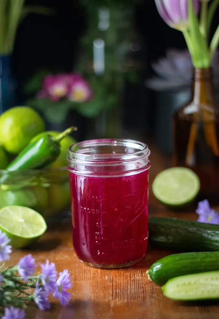 Einmachglas mit dunkelrosa Drachenfruchtsirup.' loading='lazy' title=