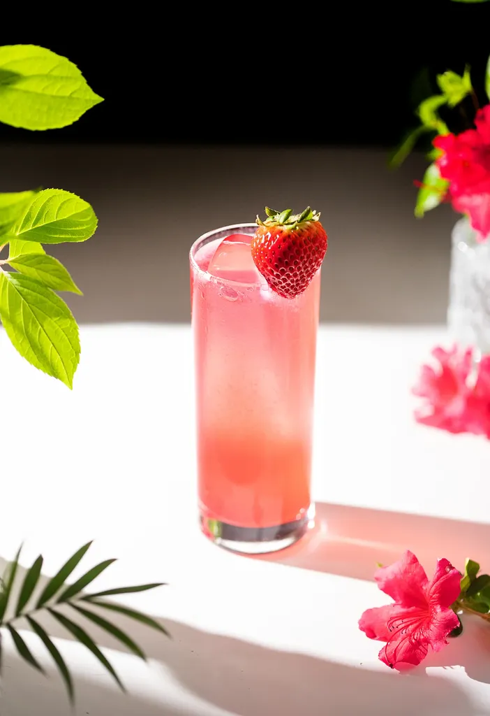 ein rosafarbenes Getränk in einem Longdrinkglas mit einer Erdbeere am Rand.' title=