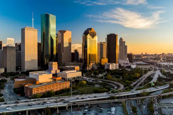 Innenstadt von Houston, Texas bei Sonnenuntergang