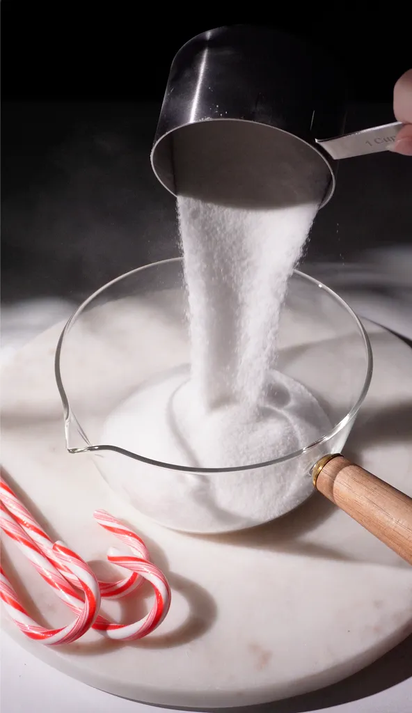 despejando açúcar de um copo medidor de metal em uma panela de vidro.' loading='lazy' title=