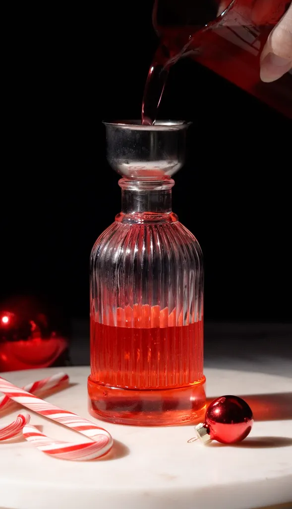 derramando líquido vermelho através de um funil de metal em uma pequena garrafa de vidro.' loading='lazy' title=