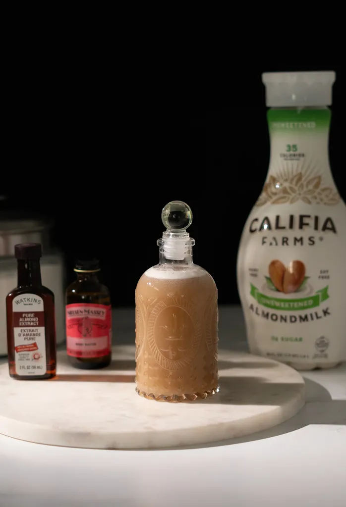skleněná láhev světle hnědého sirupu vedle nádob z mandlového mléka, mandlového extraktu a růžové vody.' loading='lazy' title=
