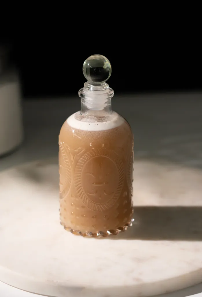 malá leptaná skleněná lahvička naplněná světle hnědým sirupem.' loading='lazy' title=